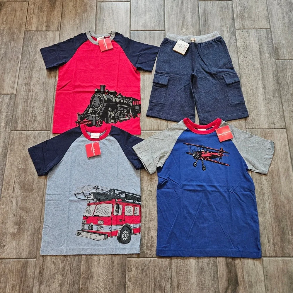 Hanna Andersson T-Shirt Shorts Set of 4 Kids 130 8 Train Plane Fire Truck School